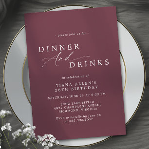 Wine Red Burgundy   Elegant Maroon Birthday Dinner Invitation