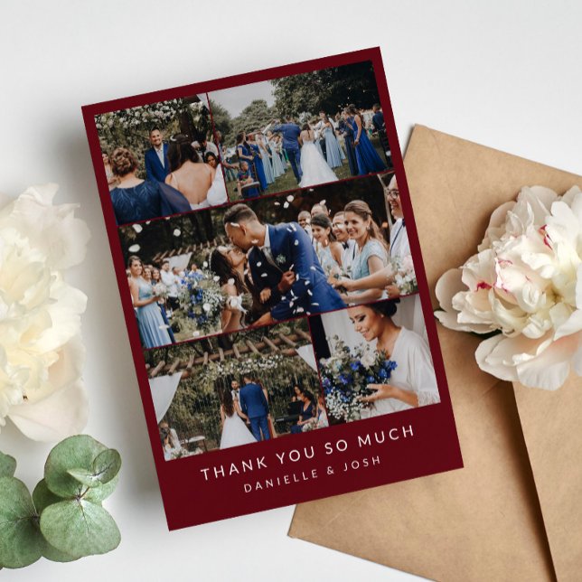 Wine Red Clean Wedding Photo Collage Thank You (Creator Uploaded)