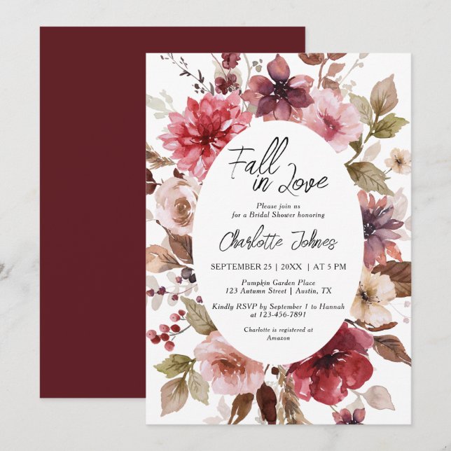Wine Red Fall in Love Blush Burgundy Bridal Shower Invitation (Front/Back)