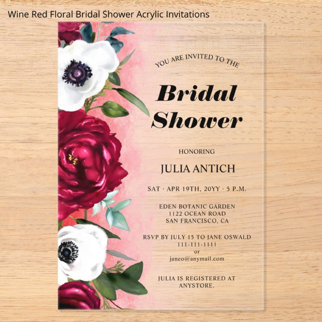 Wine Red Floral Bridal Shower Acrylic Invitations (Creator Uploaded)