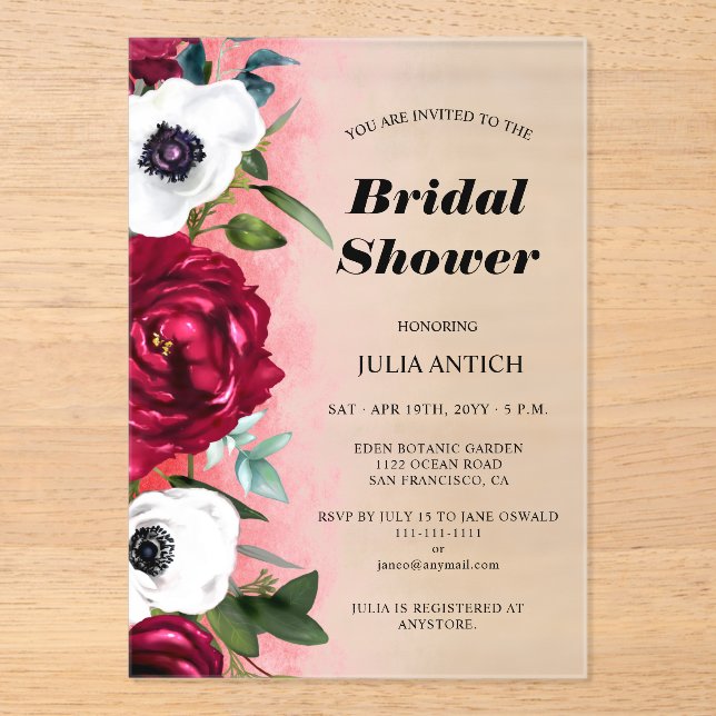 Wine Red Floral Bridal Shower Acrylic Invitations (Front)