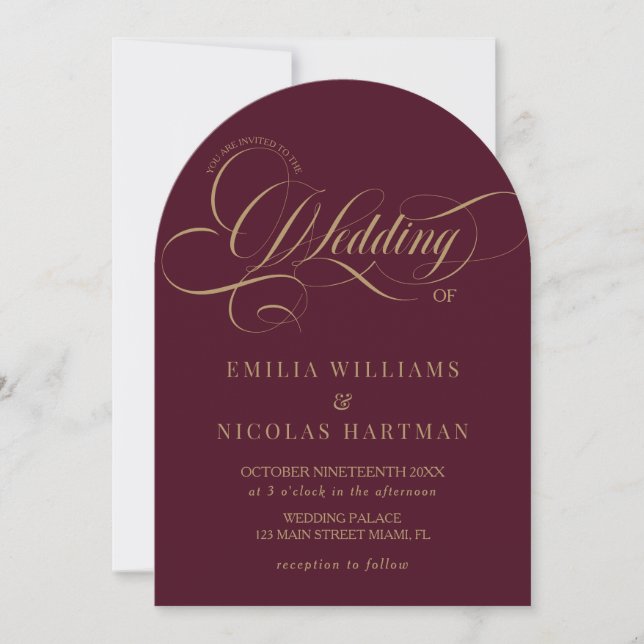 Wine Red & Gold Classic All In One Wedding Invitation (Front)