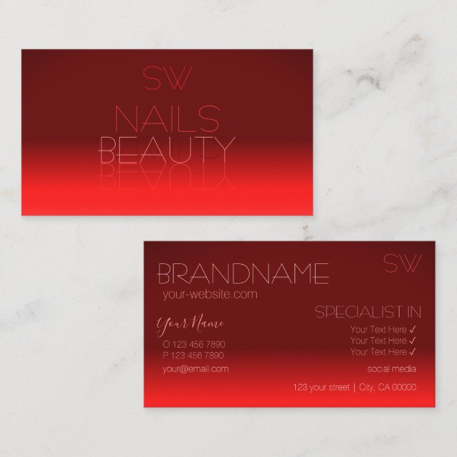 Wine Red Gradient Chic Mirror Font with Monogram Business Card (Front/Back)