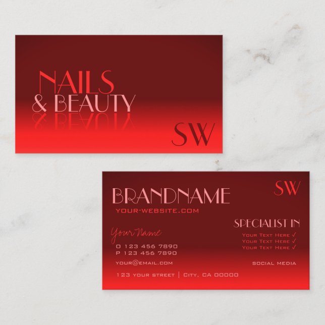Wine Red Gradient Mirror Font Classic Monogram Business Card (Front/Back)