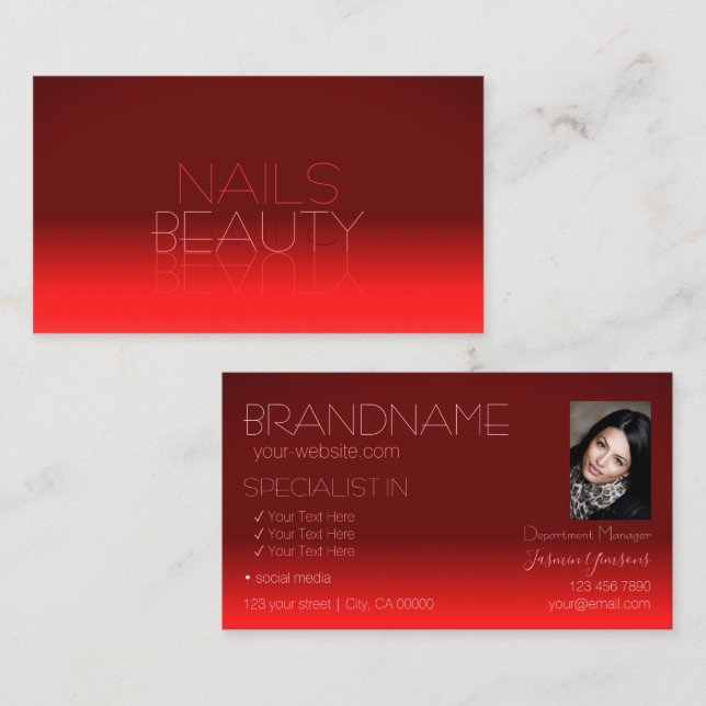 Wine Red Gradient Mirror Font Classic with Photo Business Card (Front/Back)