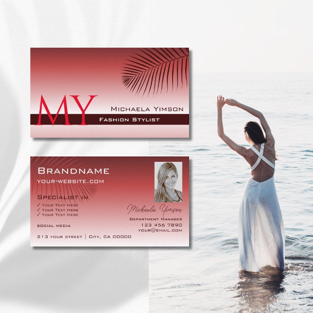 Wine Red Gradient Palm Leaf Monogram and Photo Business Card (Creator Uploaded)