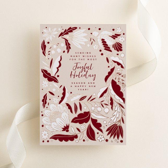 Wine Red Joyful Holiday Folk Illustration (Folk art style flowers, vines and a peace dove shine on this blush festive non-photo Christmas card)