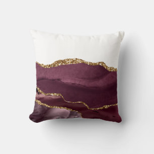 Wine Red Marble Agate Golden Glitter Stylish Glam Cushion
