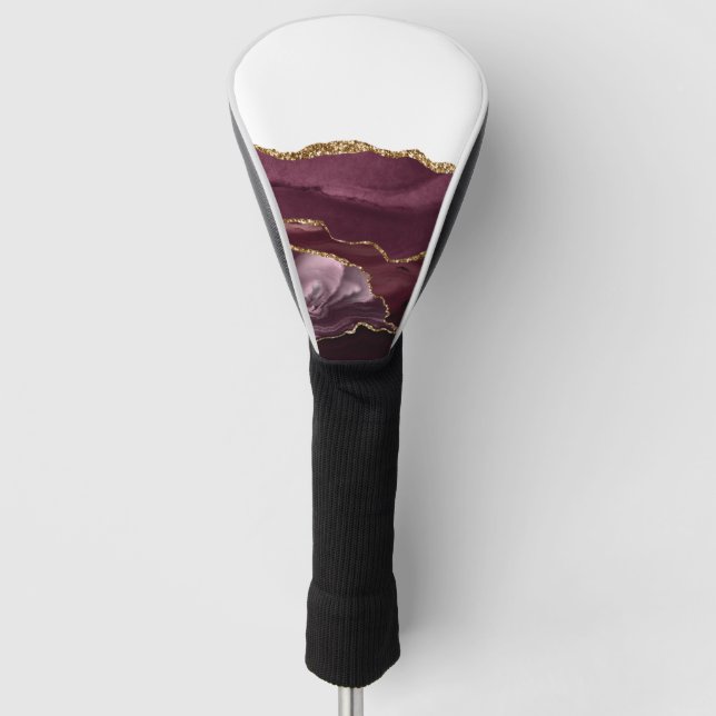 Wine Red Marble Agate Golden Glitter Stylish Glam Golf Head Cover (Front)