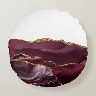 Wine Red Marble Agate Golden Glitter Stylish Glam Round Cushion