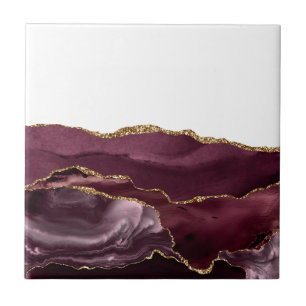 Wine Red Marble Agate Golden Glitter Stylish Glam Tile
