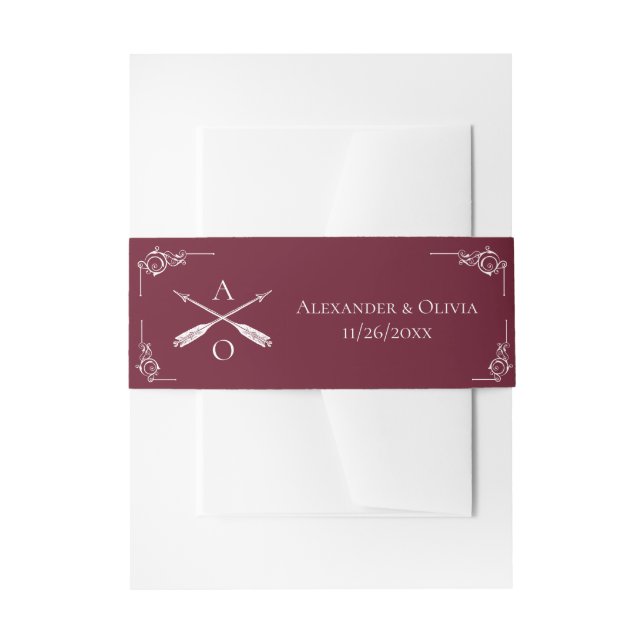 Wine Red Monogram and Arrows Invitation Belly Band (Front Example)