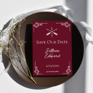 Wine Red Monogram and Arrows Save The Date Announcement