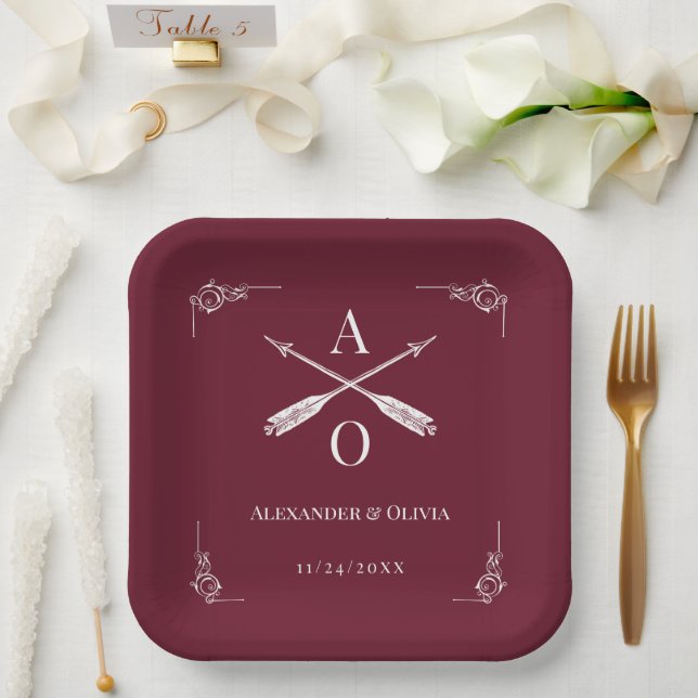 Wine Red Monogram and Arrows Wedding Paper Plate (Wedding)