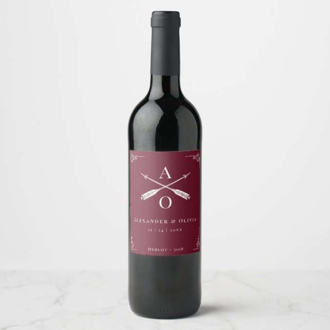 Wine Red Monogram and Arrows Wedding Wine Label (Front)
