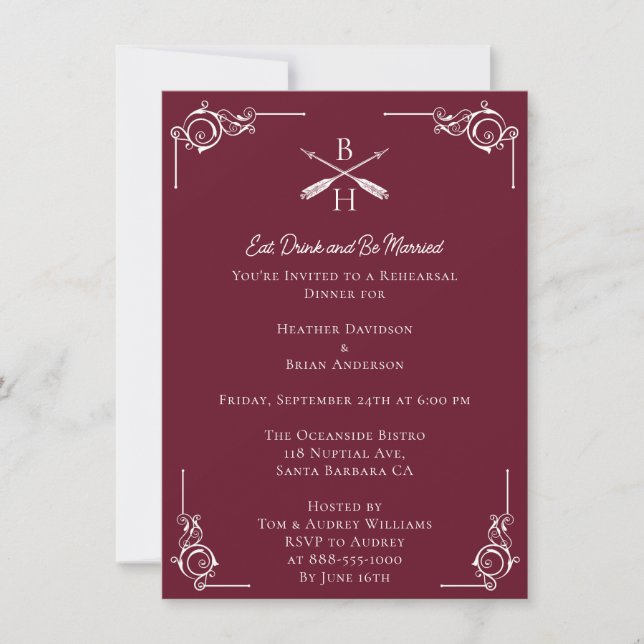 Wine Red Monograms and Arrows Rehearsal Dinner Invitation (Front)