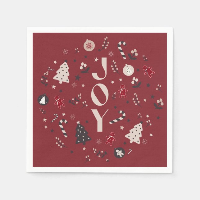 Wine Red Nordic Joy Christmas Tree Candy Cane Bell Napkin (Front)