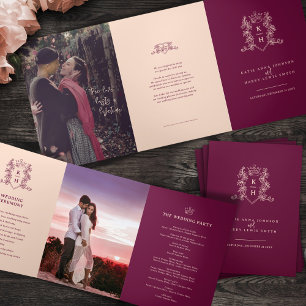 Wine red peach photo crown monogram wedding Tri-Fold programme