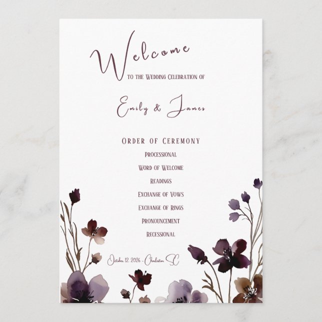 Wine Red Plum Mauve Fall Floral Wedding Programme (Front)
