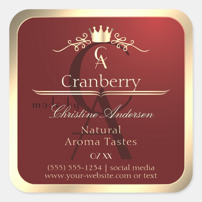 Wine Red Product Label with Gold Frame Monogram (Front)