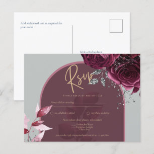 Wine Red Roses Burgundy Gold Wedding RSVP Postcard