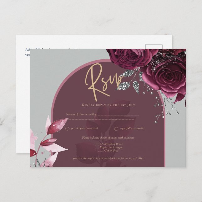 Wine Red Roses Burgundy Gold Wedding RSVP Postcard (Front/Back)