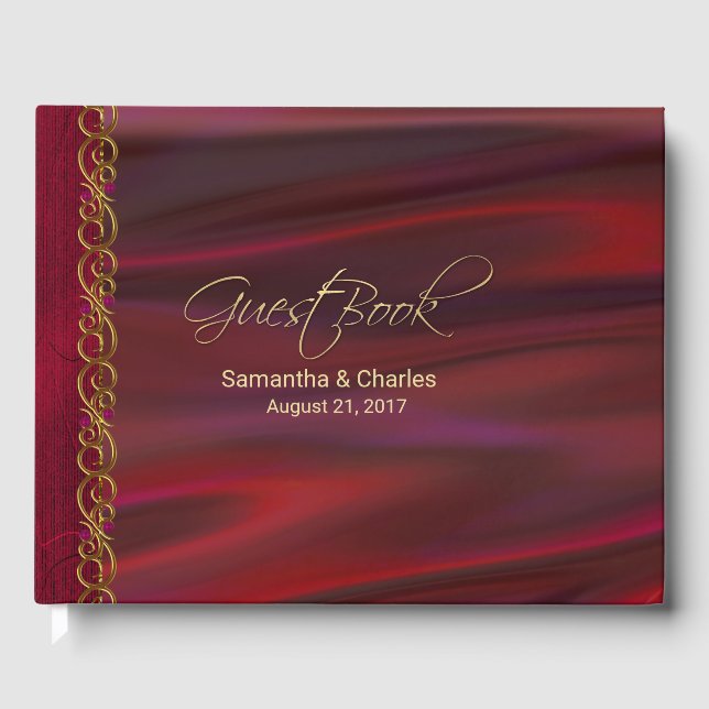 Wine Red Satin and Gold Look Wedding Guest Book (Front)