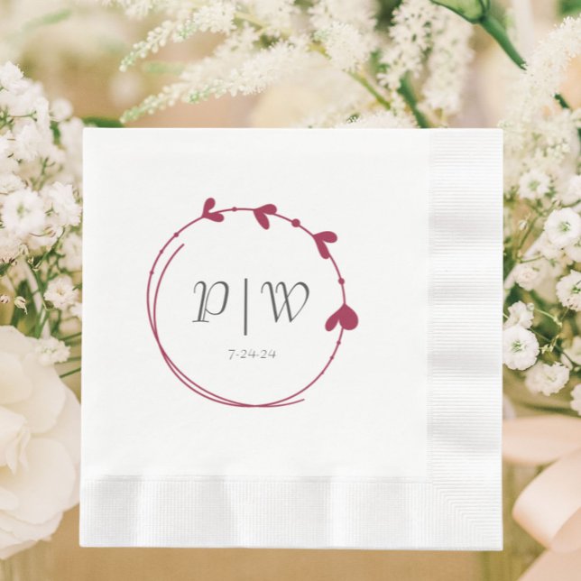 Wine Red Simple Heart Wreath Monogram Wedding Napkin (In Situ Wedding)