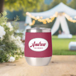 Wine Red Stylised Wedding Groomsman Name<br><div class="desc">Gift your wedding groomsman with this trendy and personalised, stainless steel wine tumbler with his name in stylised script inside a white, oval design. Background colour and script is a wine red. Personalise your wine tumbler by editing and replacing name with desired name. Available in many, popular wedding colour schemes....</div>