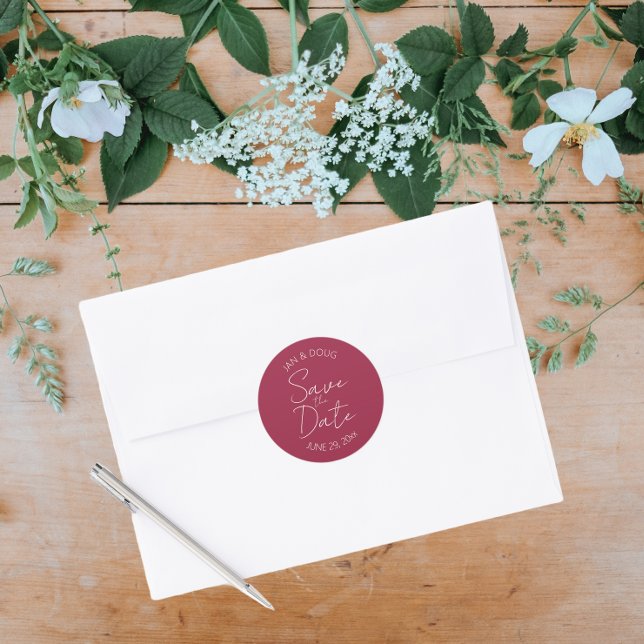 Wine Red Stylised Wedding Save the Date Classic Round Sticker (In Situ Wedding)