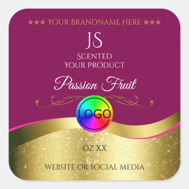 Wine Red Wavy Gold Logo Monogram Product Label (Front)