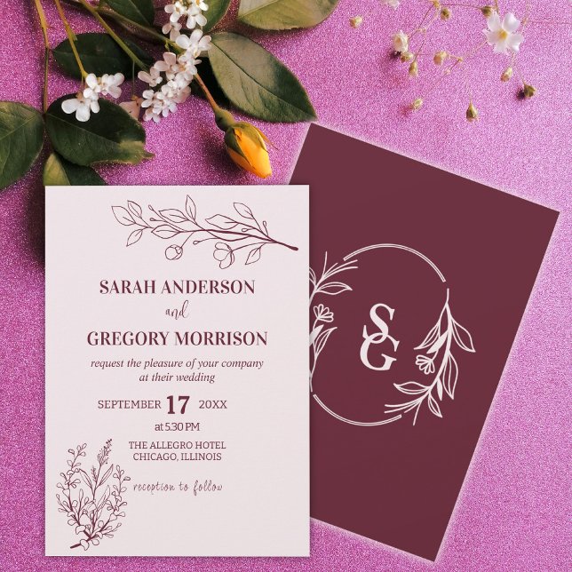 Wine Simple Boho Floral Bicolor  Wedding  Invitation (Creator Uploaded)