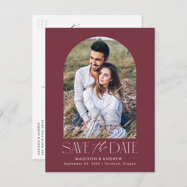 Wine | Simple Modern Arch Photo Save the Date Announcement Postcard (Front/Back)