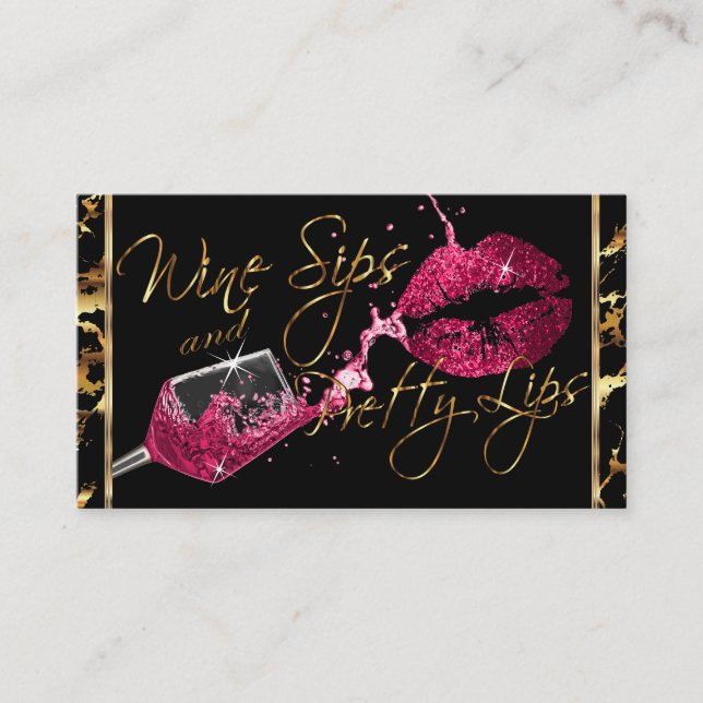 Wine Sips and Pretty Lips - Dark Pink Business Card (Front)