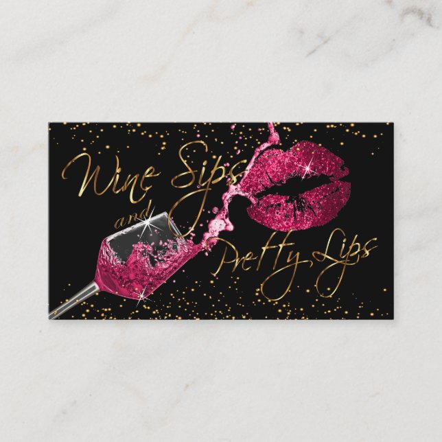 Wine Sips and Pretty Lips - Dark Pink Business Card (Front)