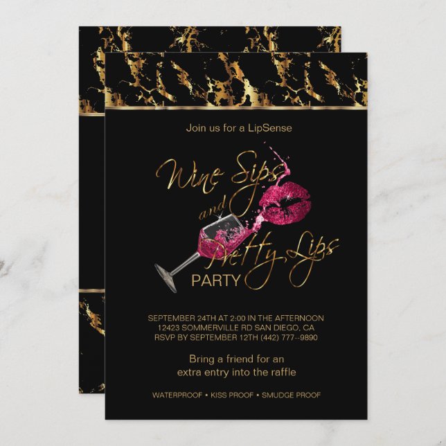 Wine Sips and Pretty Lips Lipsense Party Invitation (Front/Back)
