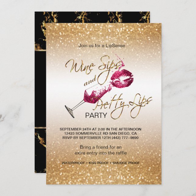 Wine Sips and Pretty Lips Party Invitation (Front/Back)