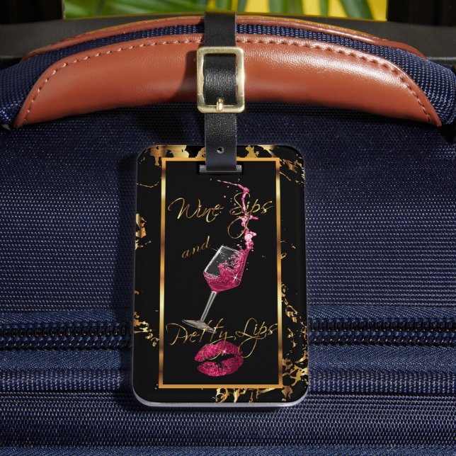 Wine Sips 🍷 and Pretty Pink Lips 👄 Luggage Tag (Front Insitu 2)