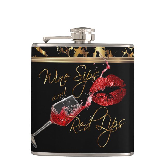 Wine Sips and Red Lips Hip Flask (Front)