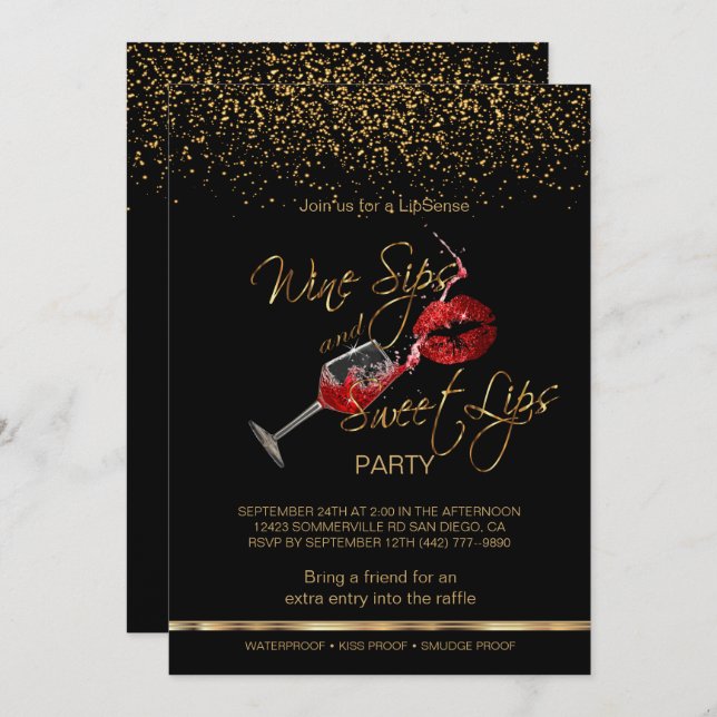 Wine Sips and Sweet Lips Lipsense Party Invitation (Front/Back)