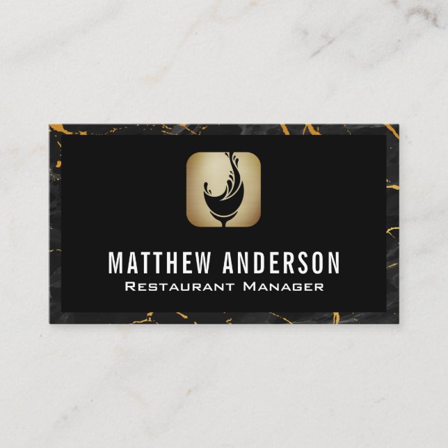 Wine Splash Logo | Gold Black Marble Business Card (Front)