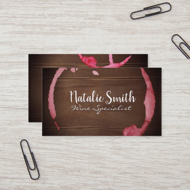 Wine Stain | Wood Grain Background Business Card (Front/Back In Situ)