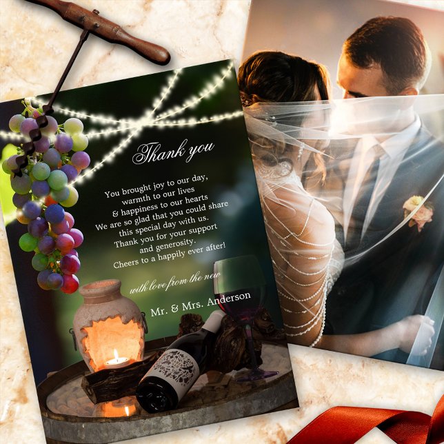 Wine String Lights Wedding Photo Thank You Card (Creator Uploaded)