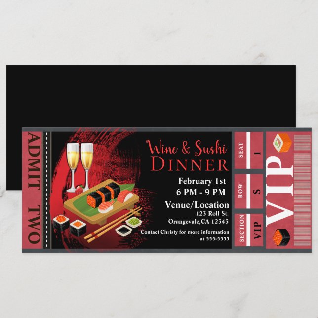 Wine & Sushi Dinner Lunch VIP Event Party TIcket Invitation (Front/Back)