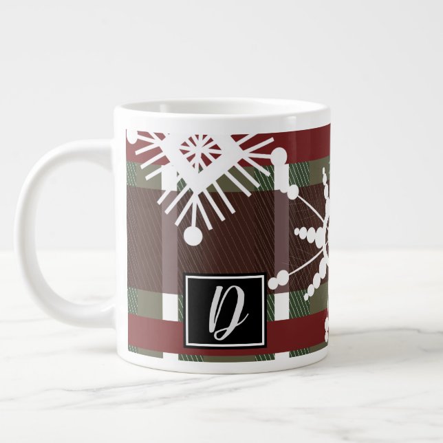 Wine Sweater Plaid Initial Snowflake Christmas  Large Coffee Mug (Left)