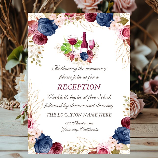 Wine Tasring Floral Navy Blue  Wedding Reception Invitation (Creator Uploaded)