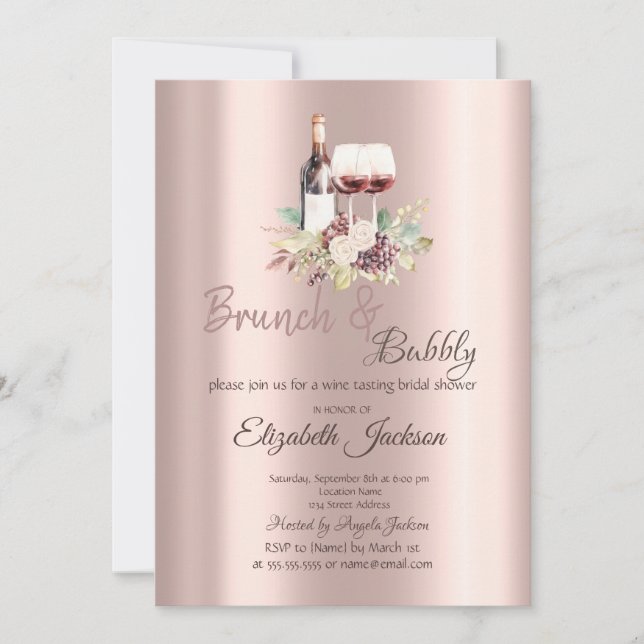 Wine Taste Grapes Rose Gold Brunch & Bubble Invitation (Front)