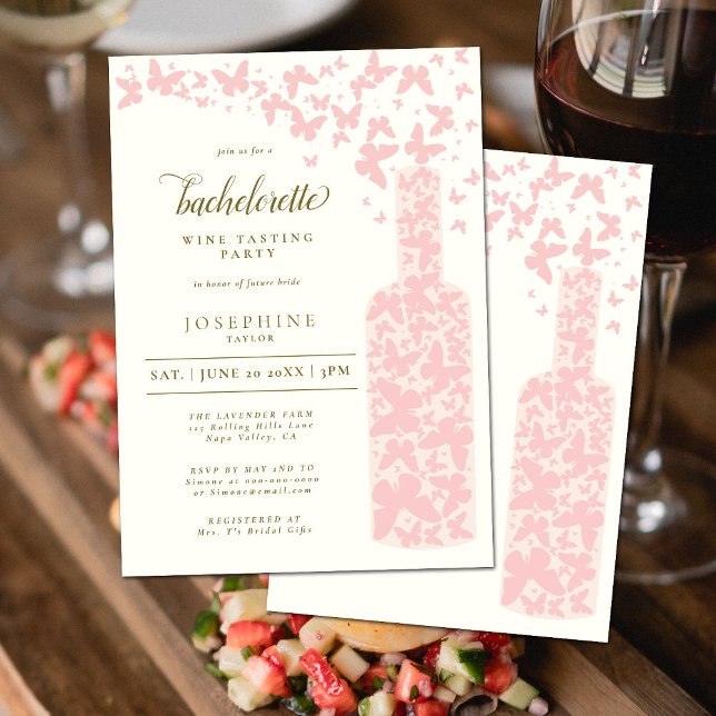 Wine Tasting Bachelorette Party Butterflies Blush Invitation (Creator Uploaded)