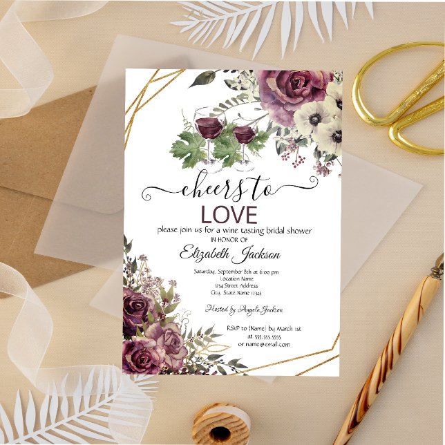 Wine Tasting Burgundy Flowers Bridal Shower  Invitation (Creator Uploaded)