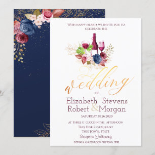 Wine Tasting Burgundy Flowers Navy Blue Wedding  Invitation